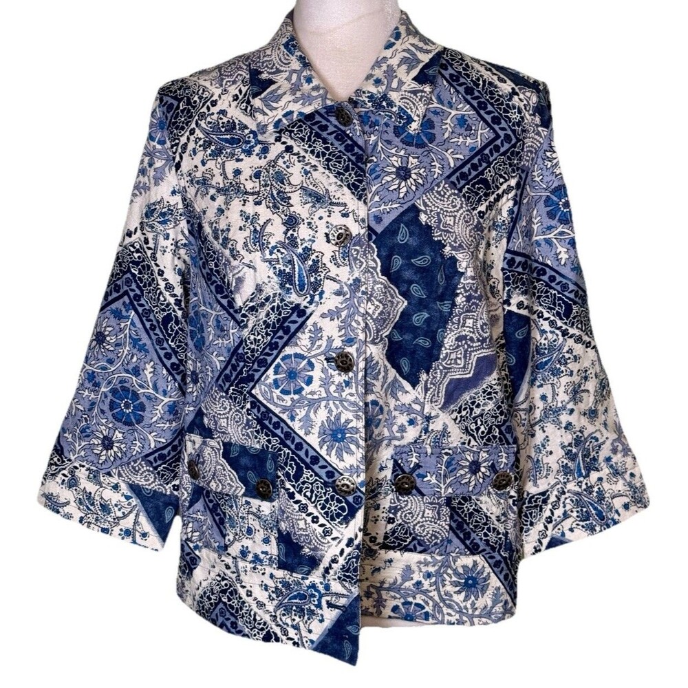 Women’s Boho Patchwork Cropped Artsy Jacket Blue White 3/4 Sleeve Size 12